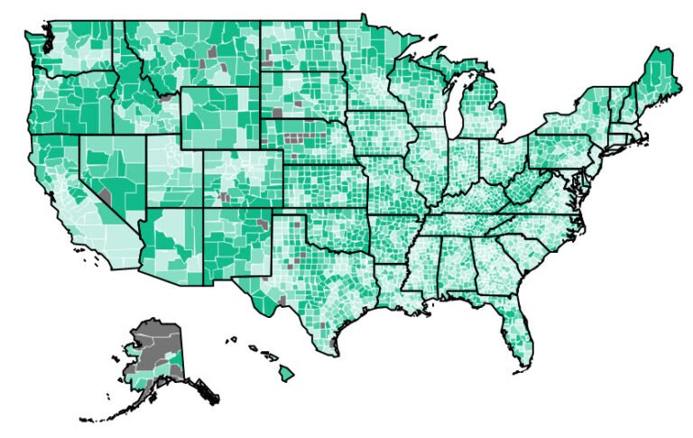 US map, shaded by county, depending on the degree of hearing loss