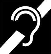International Symbol of Access for Hearing Loss. A white ear with a slash through it. Black background