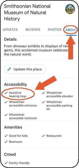 Screenshot of the Google Maps accessibility section of Smithsonian, showing hearing loop