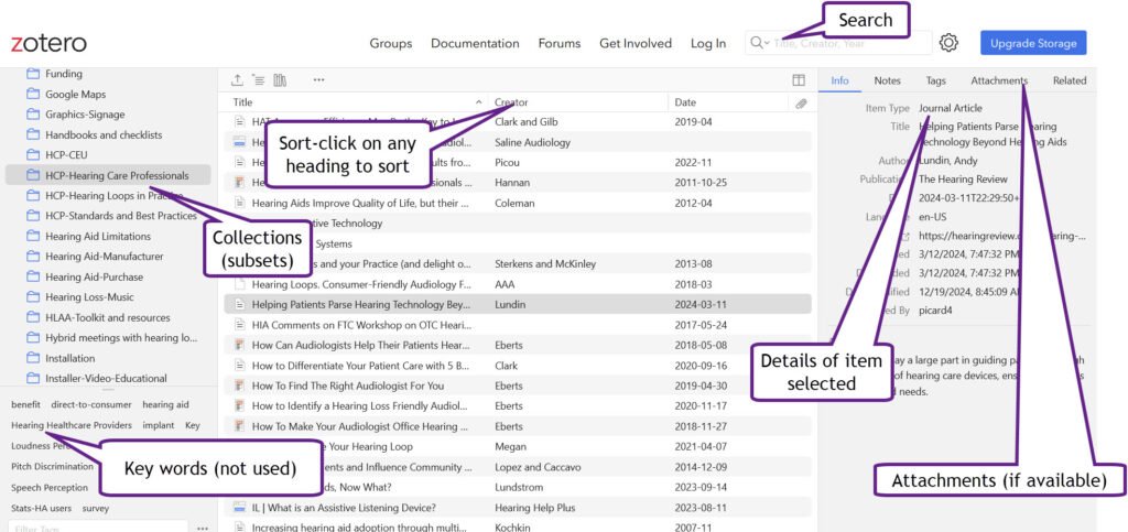 Screenshot with explanation of Zotero components.