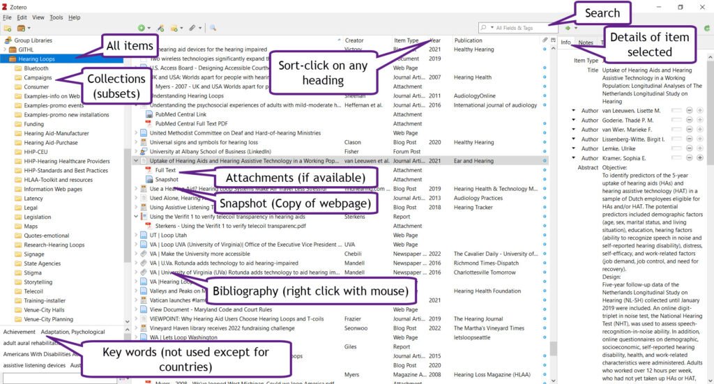 Screenshot with explanation of Zotero components.