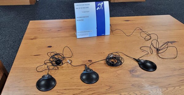 3 omni-directional mics chained with Sarabec PLA90 portable counter hearing loop