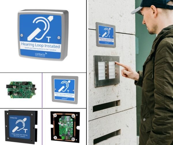 Door entry with hearing loop and components. Photo credit: Contacta