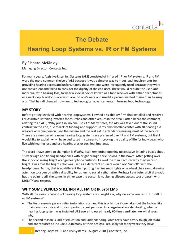 The Debate: Hearing Loop Systems vs. IR or FM Systems (Contacta)