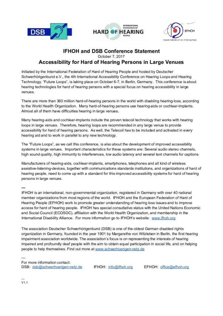 2017 IFHOH and DSB Conference Statement: Accessibility for Hard of Hearing Persons in Large Venues