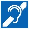 International Symbol of Access for Hearing Loss. A white ear with a slash through it. Blue background.