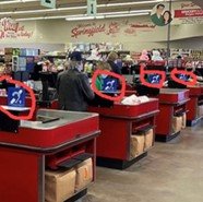 grocery store counter hearing loops-circled for 4 checkout stands